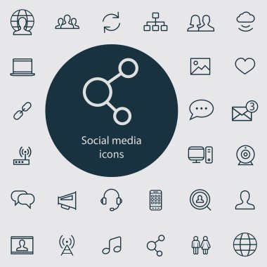 sosyal medya anahat, ince, düz, dijital simge seti