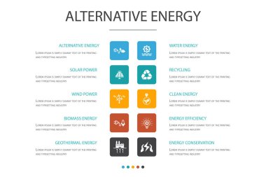 Alternatif enerji Infographic 10 seçenek kavramı. Güneş Enerjisi, Rüzgar Enerjisi, Jeotermal Enerji, Geri Dönüşüm simgeleri