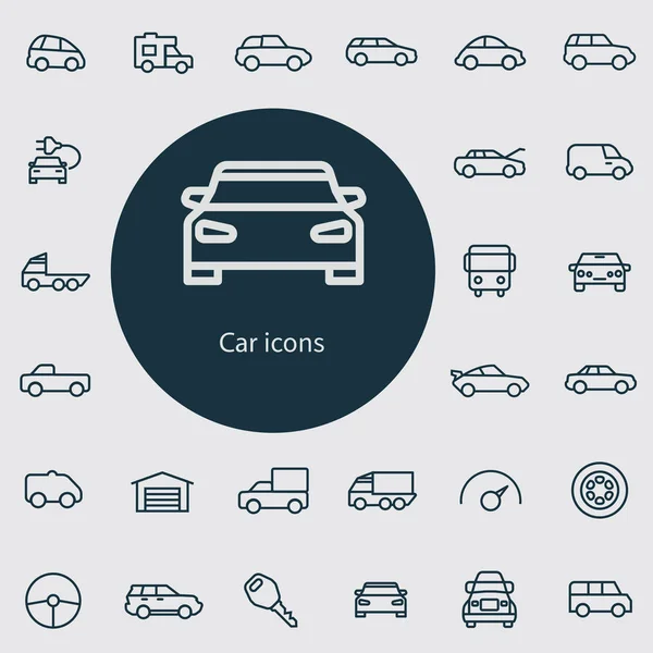 Contorno del coche, delgado, plano, conjunto de iconos digitales — Vector de stock