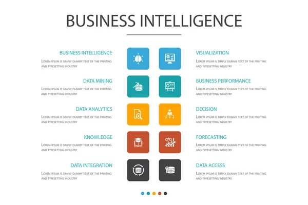 Inteligência de negócios Infográfico 10 opção concept.data mineração, conhecimento, visualização, ícones de decisão —  Vetores de Stock