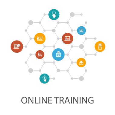 Çevrimiçi Eğitim sunum şablonu, kapak düzeni ve bilgi grafikleri. Uzaktan Eğitim, öğrenme süreci, seminer simgeleri