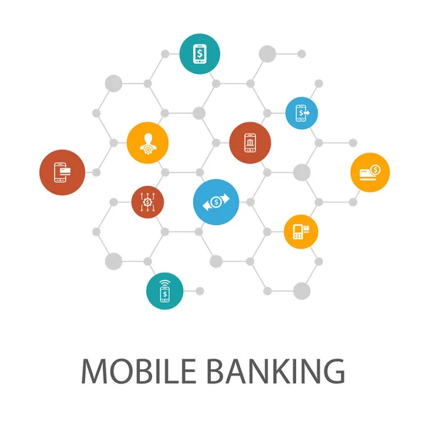 Plantilla de presentación de banca móvil, diseño de portada e infografías. cuenta, aplicación bancaria, transferencia de dinero, iconos móviles — Archivo Imágenes Vectoriales