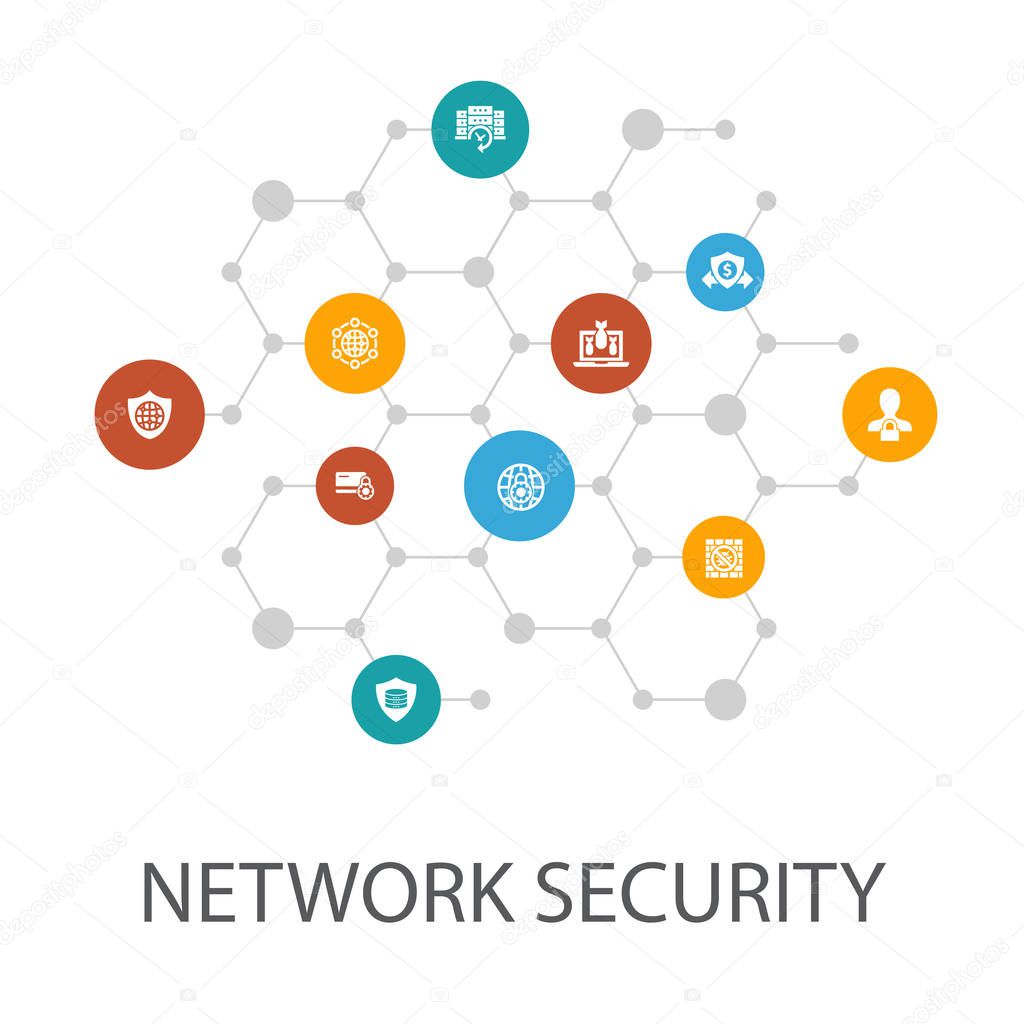 network security presentation template, cover layout and infographics. private network, online privacy, backup system, data icons