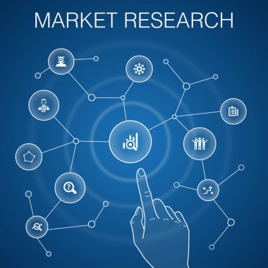 Pazar araştırması konsepti, mavi arka plan.strateji, araştırma, anket, müşteri simgeleri