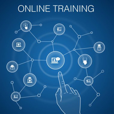 Online Eğitim kavramı, mavi arka plan. Uzaktan Eğitim, öğrenme süreci, e-öğrenme, seminer simgeleri