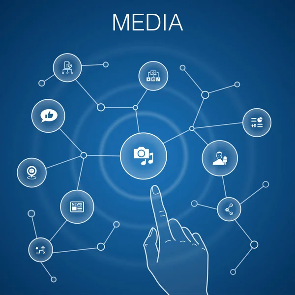 Média koncepció, kék háttér. hírek, riporter, infographics, médiaművelet ikonok — Stock Vector