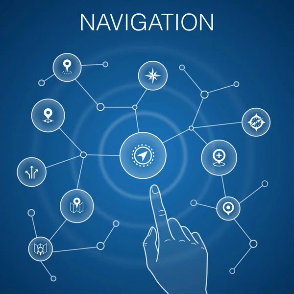 Conceito de navegação, fundo azul.location, mapa, GPS, ícones de direção — Vetor de Stock