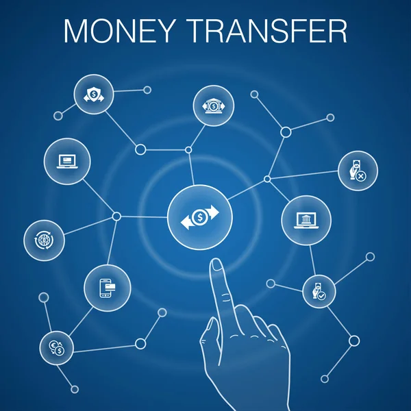 Money Transfer koncept, blå bakgrund. onlinebetalning, banköverföring, säker transaktion, godkända betalnings ikoner — Stock vektor