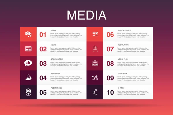 미디어 인포그래픽 10 옵션 템플릿. 뉴스, 리포터, 인포그래픽스, 미디어 플랜 아이콘 — 스톡 벡터