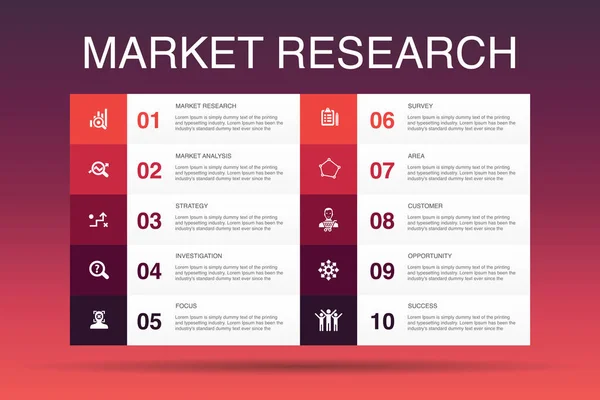 Marknadsundersökningar infographic 10 alternativ mall. strategi, utredning, enkät, kund ikoner — Stock vektor