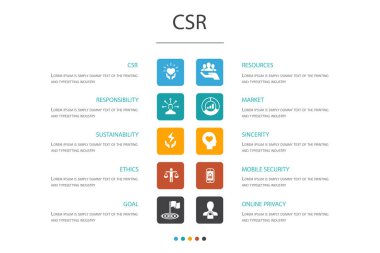 Csr Infographic 10 seçenek konsepti.sorumluluk, sürdürülebilirlik, etik, hedef simgeleri