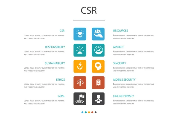 CSR infographic 10 lehetőség koncepció. felelősség, fenntarthatóság, etika, célikonok — Stock Vector