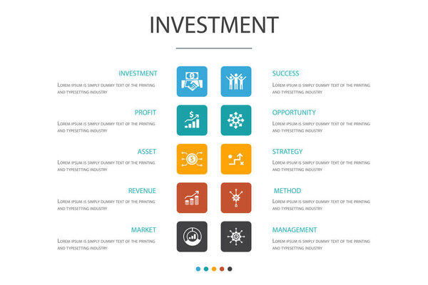 Investment Infographic 10 option template. profit, asset, market, success icons