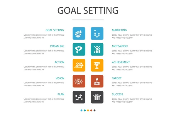 目标设置 信息图 10 选项概念.梦想大，行动，愿景，战略图标 — 图库矢量图片