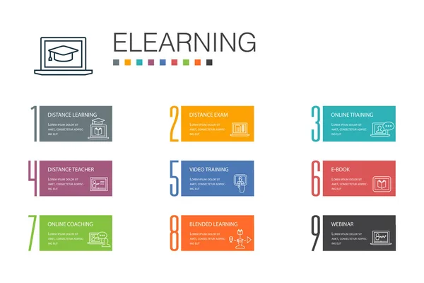 ELearning Infographic 10 option line concept. Distance Learning, Online Training, Video training, Webinar icons — Stock Vector