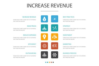 gelir Infographic 10 seçenek şablonu artırmak. Fiyatları yükseltmek, giderleri azaltmak, en iyi uygulamalar, strateji simgeleri