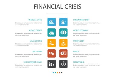 finansal kriz Infographic 10 seçenek template.budget deficit, Kötü krediler, Devlet borç, Refinancing simgeler