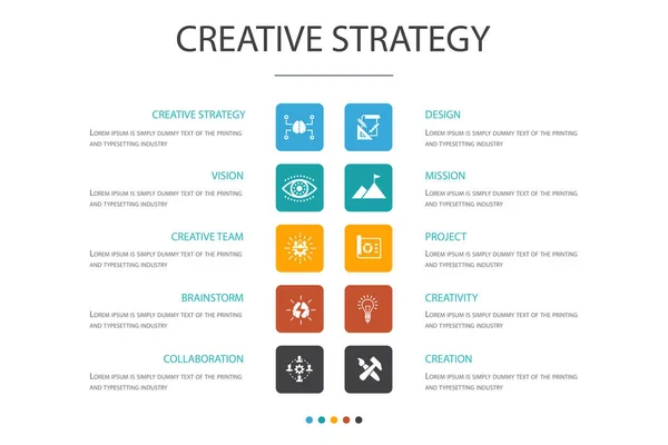 Creative Strategy Infographic Concepto de 10 opciones.visión, lluvia de ideas, colaboración, iconos del proyecto — Vector de stock