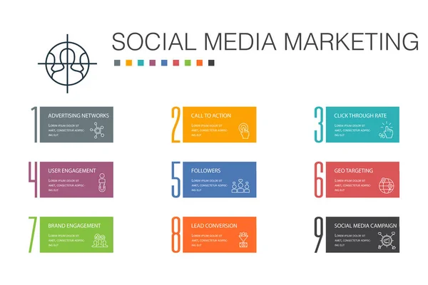 Social Media Marketing Infográfico 10 conceito de linha de opção. Engajamento do usuário, seguidores, Call To Action, ícones de conversão de chumbo —  Vetores de Stock