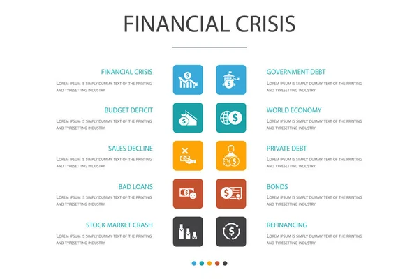 Crisis financiera Infografía 10 option template.budget deficit, Bad loans, Government debt, Refinancing icons — Archivo Imágenes Vectoriales