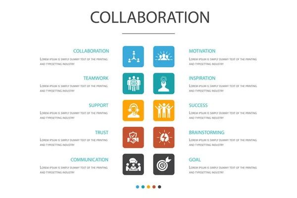 Współpraca z Infografią 10 koncepcja opcji. praca zespołowa, wsparcie, komunikacja, ikony motywacji — Wektor stockowy