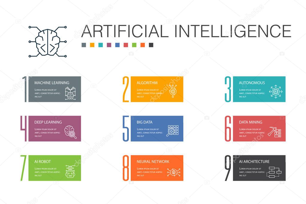 Artificial Intelligence Infographic 10 option line concept. Machine learning, Algorithm, Deep learning, Neural network icons