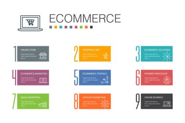 e-ticaret Infographic 10 seçenek satırı kavramı. online mağaza, alışveriş sepeti, Ödeme İşlemci, e-ticaret çözümleri simgeleri