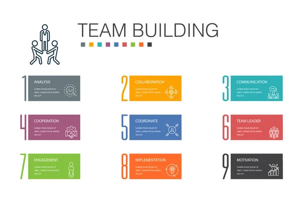 Takım oluşturma Infographic 10 seçenek satırı kavramı. işbirliği, iletişim, işbirliği, takım lideri simgeleri — Stok Vektör