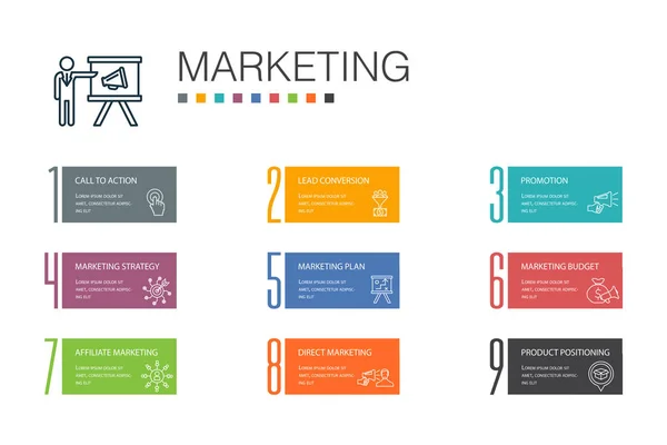 Marketing Infografía Concepto de línea de 10 opciones. llamada a la acción, promoción, plan de marketing, iconos de estrategia de marketing — Vector de stock