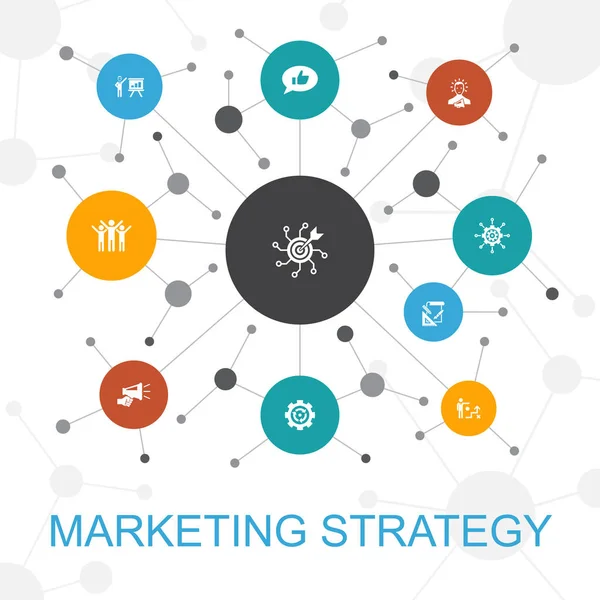 Estrategia de marketing concepto web de moda con iconos. Contiene iconos como la planificación, gerente de marketing, presentación — Vector de stock