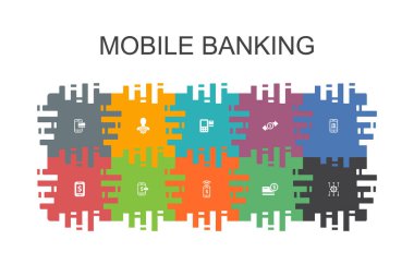 Düz elemanları ile Mobil bankacılık karikatür şablonu. Hesap, bankacılık uygulaması, para transferi gibi simgeler içerir