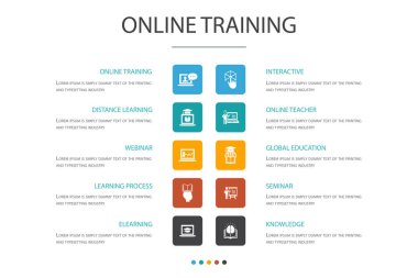 Çevrimiçi Eğitim Bilgi Grafiği bulut tasarım şablonu. Uzaktan Eğitim, öğrenme süreci, e-öğrenme, seminer simgeleri