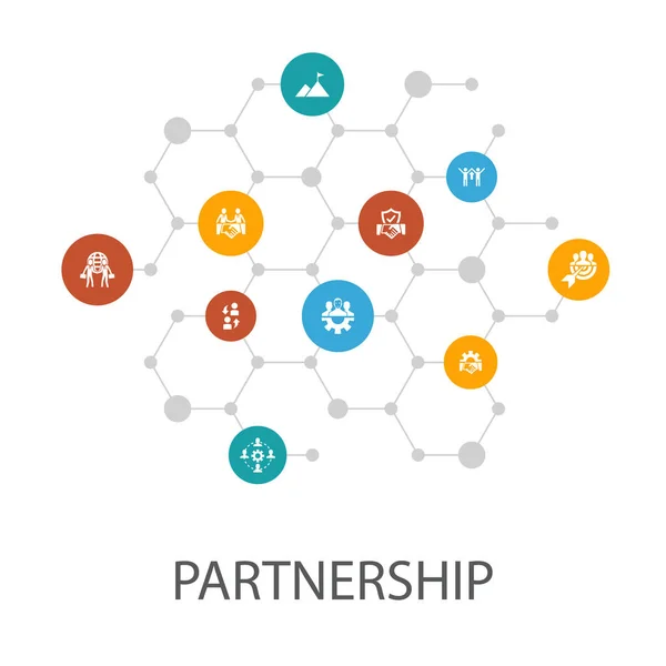 Partnerschaftspräsentationsvorlage, Cover-Layout und Infografiken. Zusammenarbeit, Vertrauen, Deal, Symbole — Stockvektor