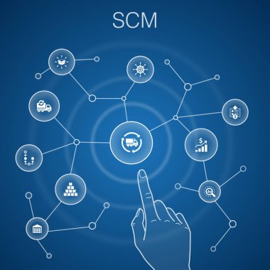Scm kavramı, mavi arka plan basit çizgi simgeleri