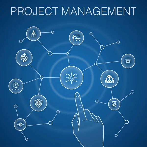 Concept de gestion de projet, fond bleu.Présentation de projet, Réunion, workflow, Icônes de gestion des risques — Image vectorielle