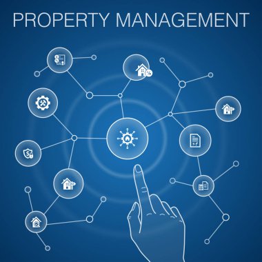 mülkiyet yönetimi kavramı, mavi arka plan.leasing, ipotek, teminat, muhasebe simgeleri