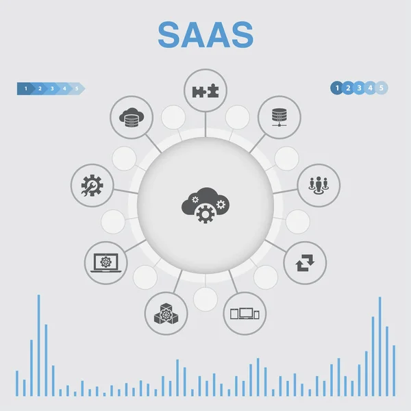 Saas-Infografik mit Symbolen. enthält Symbole wie Cloud-Speicher, Konfiguration, Software — Stockvektor