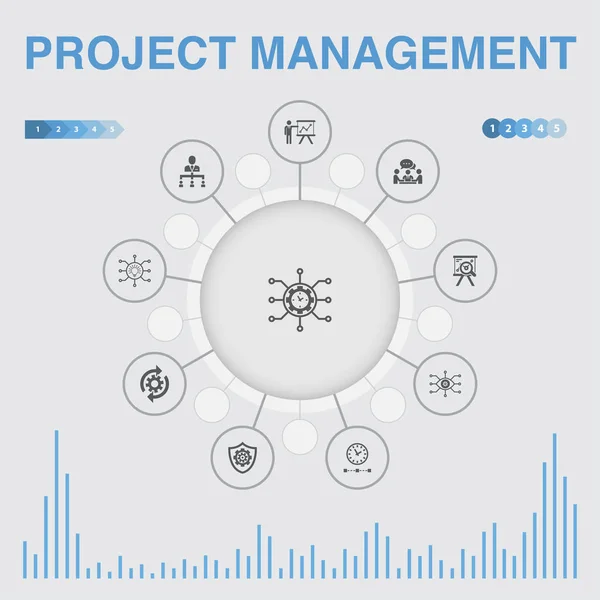 Infografía de gestión de proyectos con iconos. Contiene iconos tales como Presentación del proyecto, Reunión, flujo de trabajo — Archivo Imágenes Vectoriales