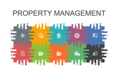 düz elemanları ile mülkiyet yönetimi karikatür şablonu. Leasing, ipotek, teminat depozitosu gibi simgeleri içerir