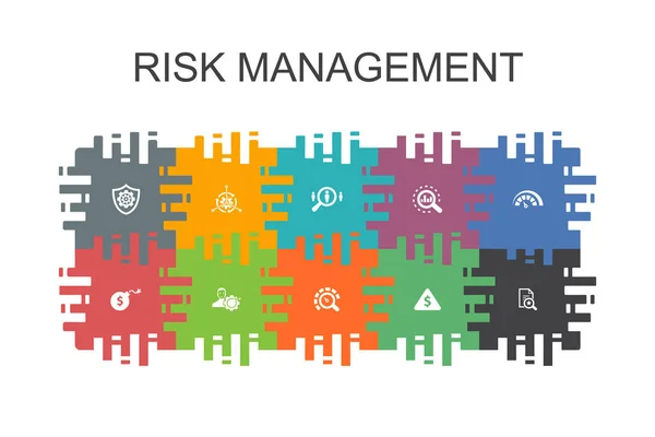 Шаблон управления рисками с плоскими элементами. Содержит такие значки, как контроль, идентификация, уровень риска — стоковый вектор