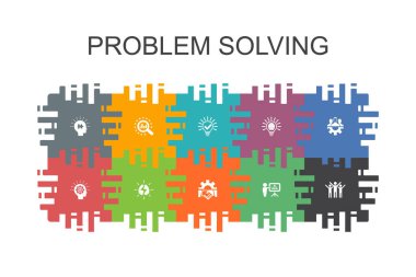 düz elemanları ile çizgi film şablonu çözme sorunu. Analiz, fikir, beyin fırtınası gibi simgeler içerir