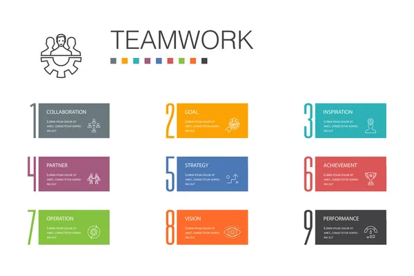 Teamwork infographic 10 optie lijn concept. samenwerking, doel, strategie, prestatie pictogrammen — Stockvector