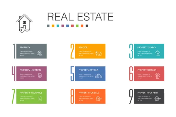 Real Estate Infographic 10 option line concept.Property, Realtor, location, Property for sale icons — Stock Vector