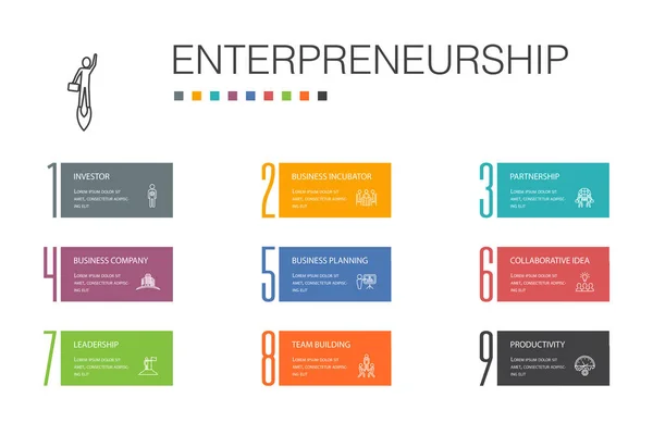 Imprenditorialità Infografica 10 option line concept.Investor, Partnership, Leadership, Team building icone — Vettoriale Stock