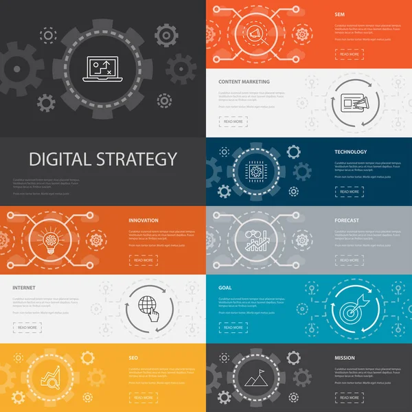 Digitale strategie infographic 10 lijn pictogrammen banners. Internet, SEO, content marketing, Mission icons — Stockvector
