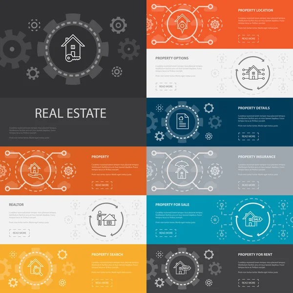 Real Estate infographic 10 lijn pictogrammen banners. Onroerend, makelaar, locatie, eigendom te koop iconen — Stockvector