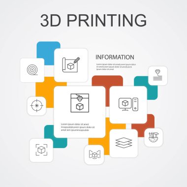 3d baskı Infographic 10 satır simgeleri şablon... 3d yazıcı, filament, prototip, model hazırlama simgeleri