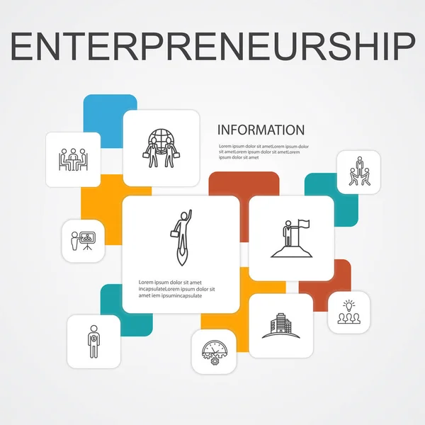 Infográfico de empreendedorismo 10 ícones de linha template.Investor, Parceria, Liderança, ícones de construção de equipe — Vetor de Stock