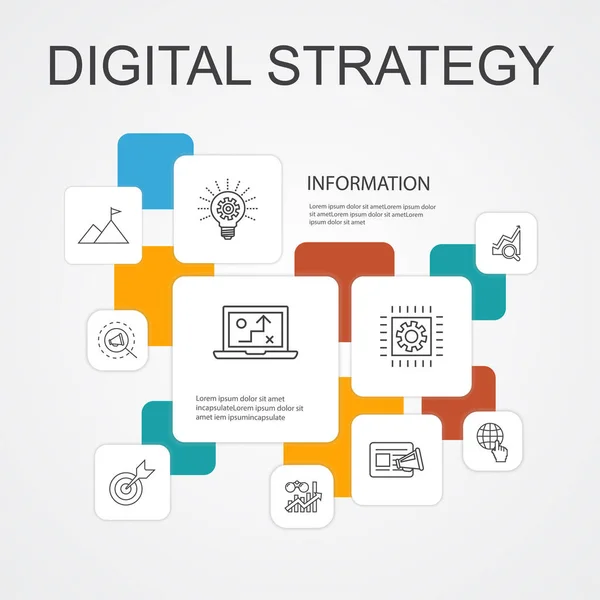 Digitální strategie-Infographic 10 ikon čar šablona. Internet, SEO, obsah marketing, ikony úkolů — Stockový vektor