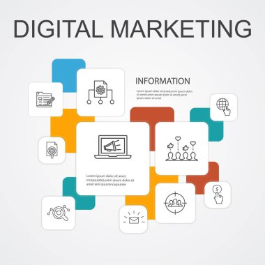Dijital pazarlama Infographic 10 satır simgeleri template.internet, Pazarlama araştırma, Sosyal kampanya, Tıklama başına ödeme simgeleri